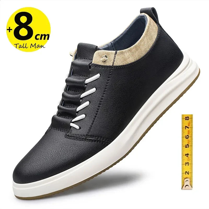 Mens genuine leather sneakers elevator shoes black height increasing shoes men 6cm 8cm white casual lift casual shoes 250113