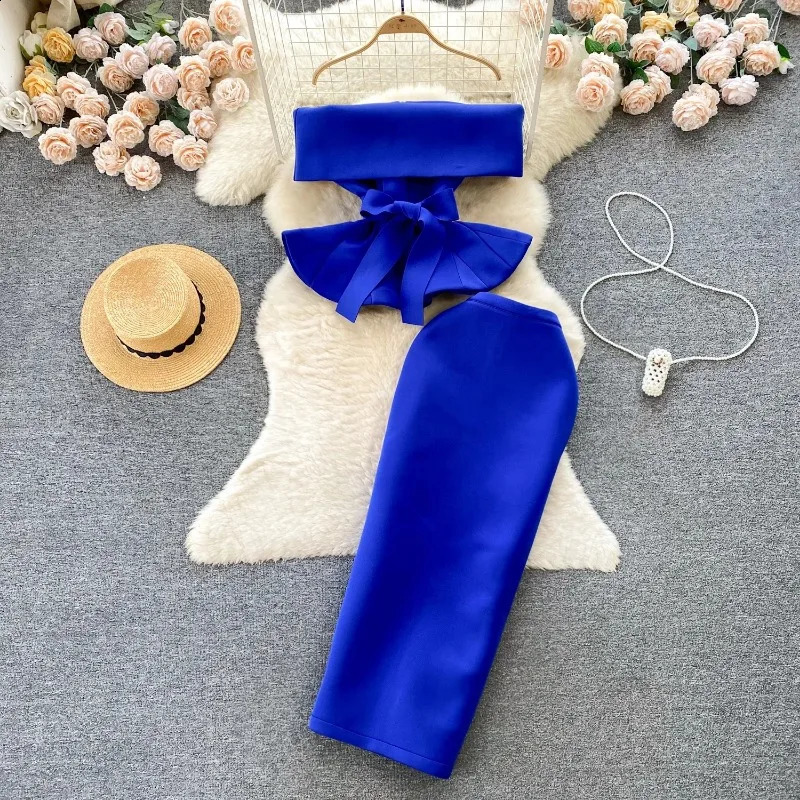Women Vintage Two Pieces Skirt Sets Women Long Sleeve Sexy Slash Neck Bandage Ruffle Blouse Top and High Waist Hip Wrap Skirt 250116