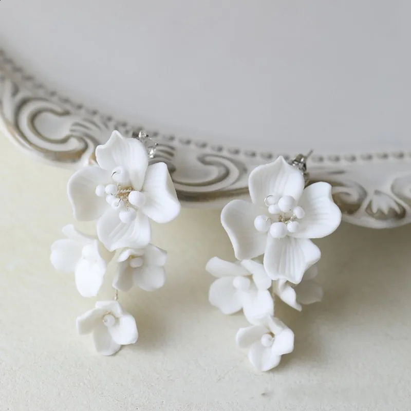 Ins Porcelain Flower Wedding Earrings Bridal Jewelry Gold Silver Color Handmade Women Drop Earring 250117