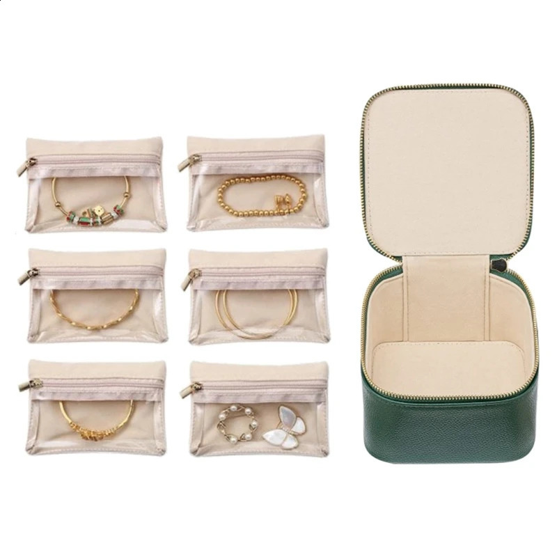 Portable Jewelry Storage Box Zipper Velvet PU Earrings Necklace Storage Box with 6 Pouch pendant Rings Jewelry bag Solid Color 250117