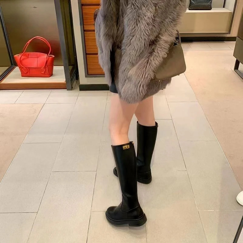 Leather Long Boots for Women Round Toe Elegant with Low Heels Knee High Shaft Shoes Woman Spring Autumn Y2k Boot Sale 250118