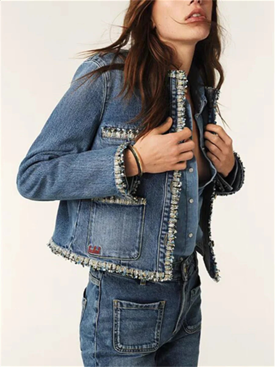 Spring Women Blue Denim Set Tweed Trim Oneck Letter y Jacket or Aline Mini Skirt Lady Fashion Suit 250122