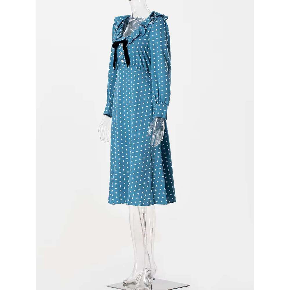 Polk Dot Print Midi New Sleeve U Collar Slim Elegant Bow Decor Ruffle Dresses Casual Fashion Long Dress