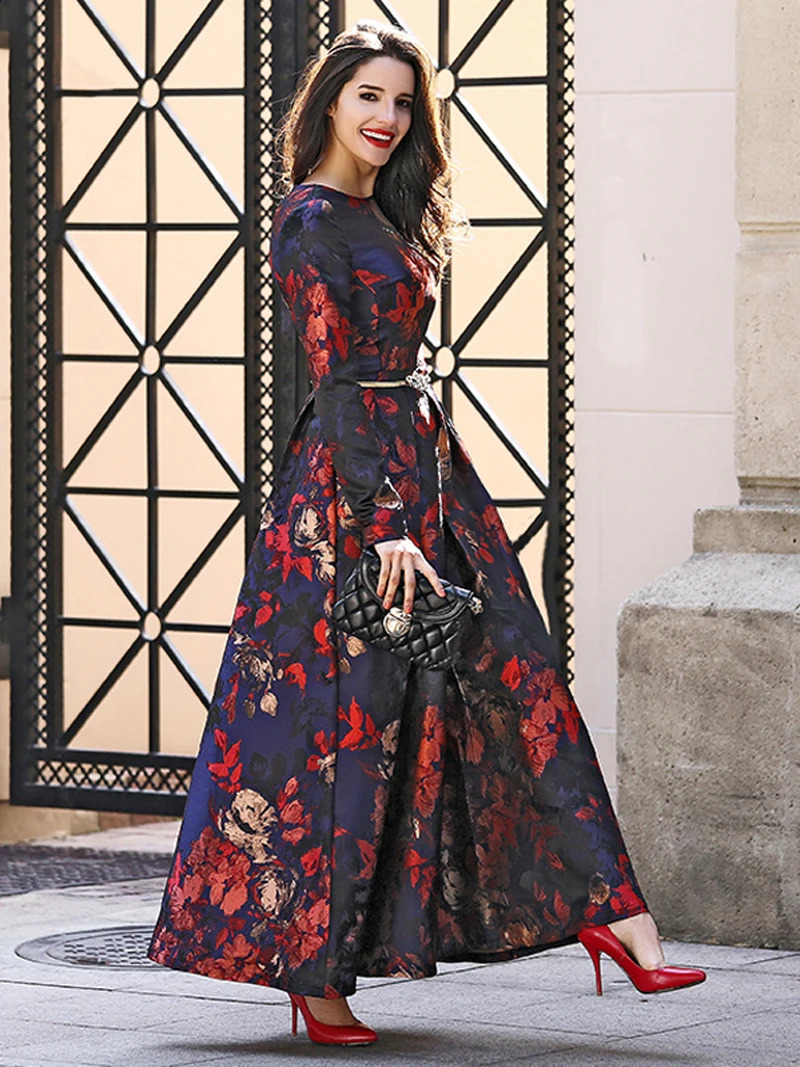 Elegant Women Long Sleeve Maxi Dress Fall Fashion Boho Floral Jacquard Muslim Dress Ladies Vintage Party Clothes 250122