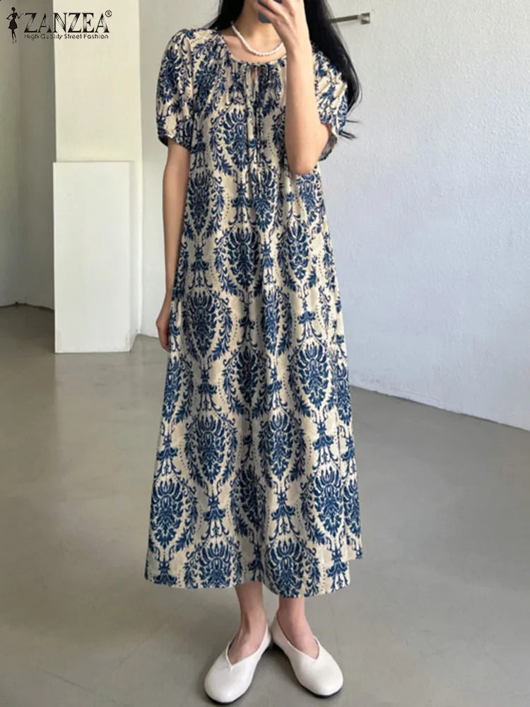ZANZEA Puff Sleeve Loose Maxi Dress Vintage Printing Summer Vestido Lace Up Oneck Robe Fashion Casual Holiday Dresses 250121