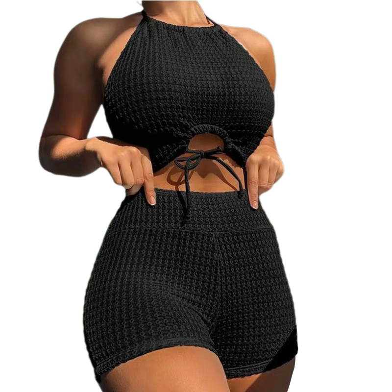 Shorts High Waist Bikini 2025 Women Beach Sport Bikinis Push Up Vintage High Neck Swimwear Textured Swimsuit Solid Colors Swimming Bathing Suit Modest