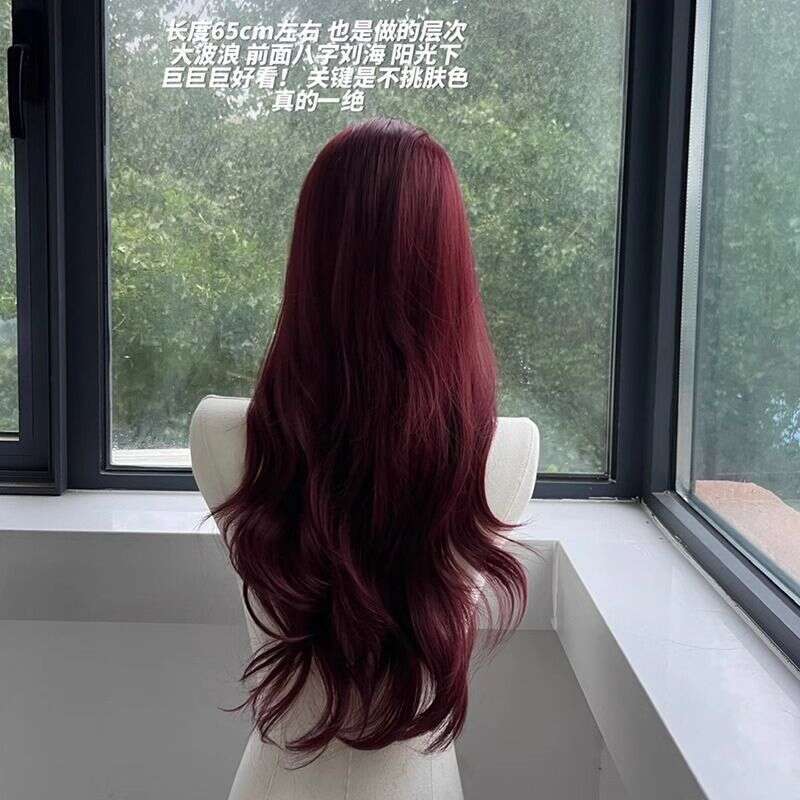 Lace Front Wig Cover T Shape Rose Red Front Lace Large Wave For Women With Small Medium Split Eight E Bangs Long Curly Hair Full Head Wig Set