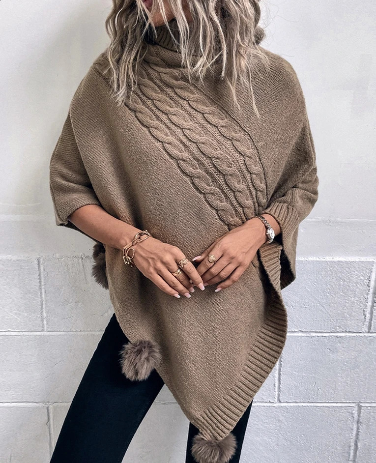 Autumn Womens Shawl Coat Solid Color Twisted Neck High Neck Pullover Sweater Bat Sleeve Knitted Sweater Wool Ball n Shawl 250121