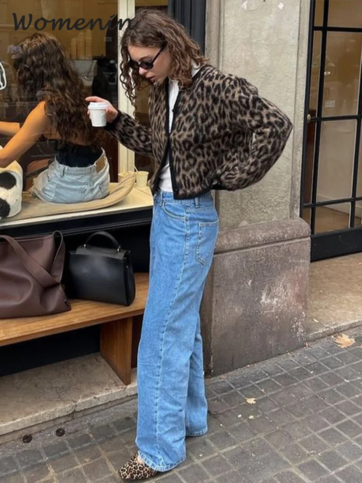 Vintage Leopard Print Mohair Women Cardigans Knitted O-neck Single Breasted Short Sweater Autumn Lady Casual Streetwear 250118