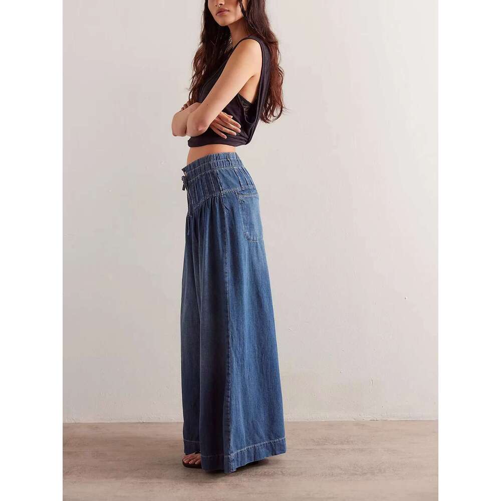 Free Style Full Length Mid Waist Boho Folds Cotton Hippie Wide Leg Pants 3Xl Trousers Chic People Jeans