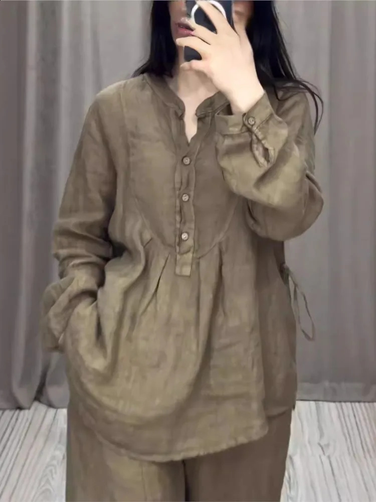 Womens 2 Piece Set Fashion Office Lady Cotton Linen Long-sleeve Casual Loose Wide-leg Pants Suit Spring Autumn Women Sets 250122