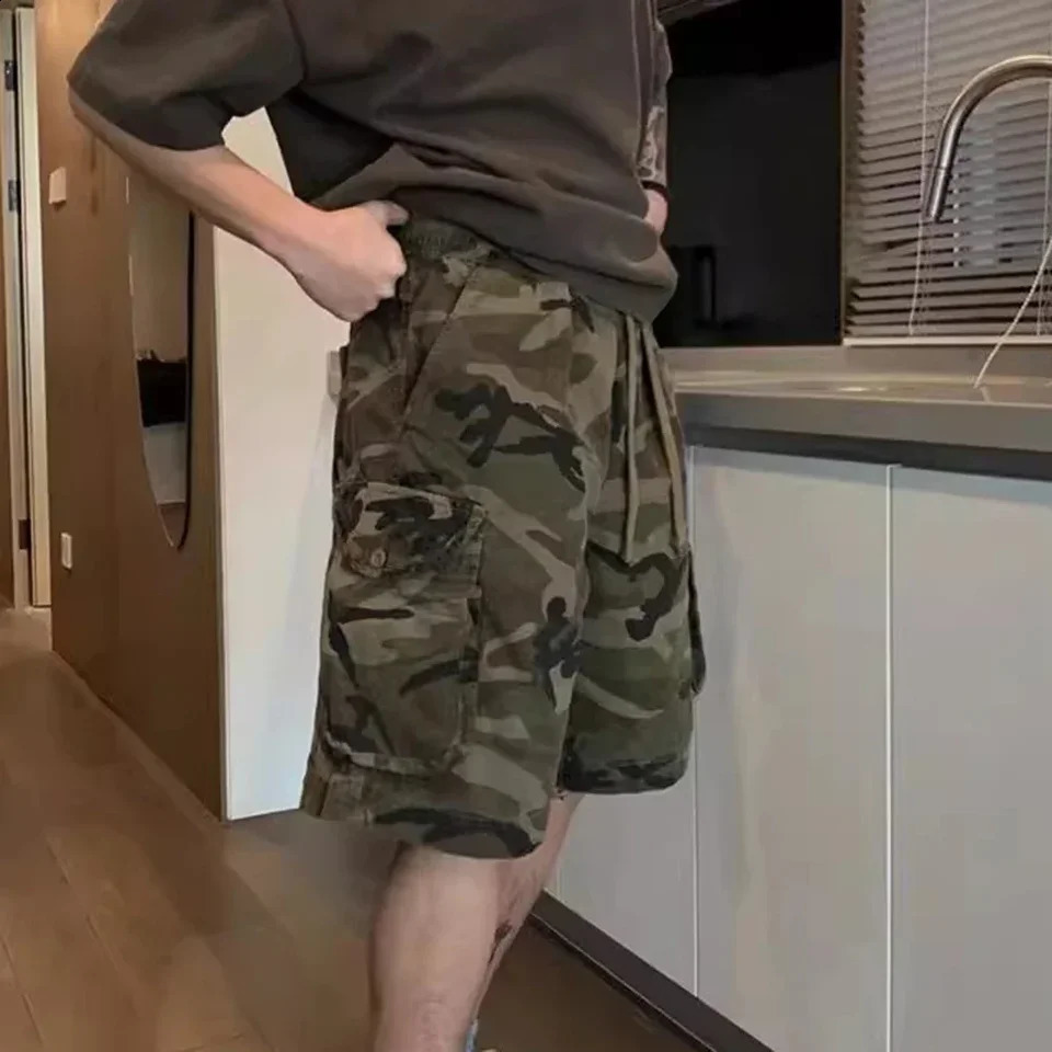 Men Summer Vintage Workwear Style Camouflage Fit Cargo Shorts Fashion Streetwear 250120
