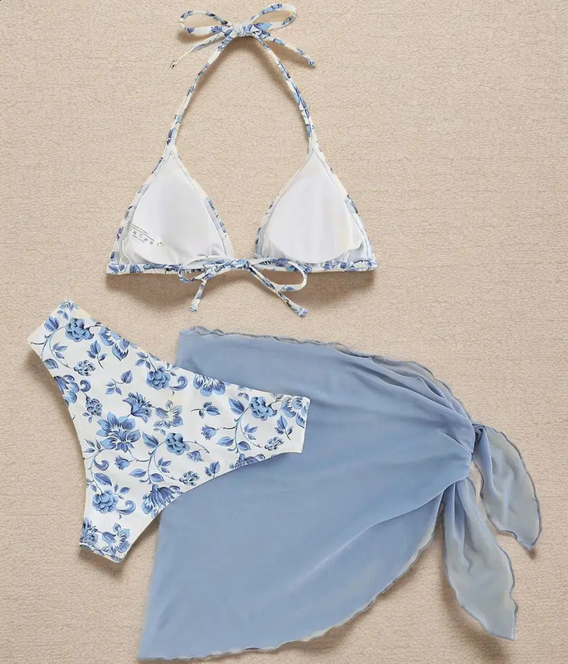 3 Piece Bikini Suit Print Flower Sexy Triangle Cup Hang Neck Swimwear Blue Female High Slit Skirt Women Beach 250122