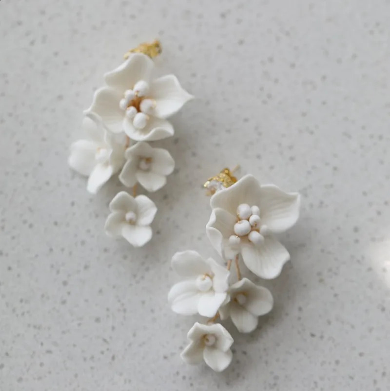 Ins Porcelain Flower Wedding Earrings Bridal Jewelry Gold Silver Color Handmade Women Drop Earring 250117