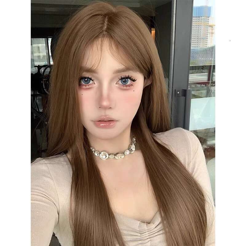 Lace Front Wig Cover T Shape Koni Overseas Good Girl Wig Female Daily Internet Celebrity Long Hair One Word Front Lace Middle Split Full Headset
