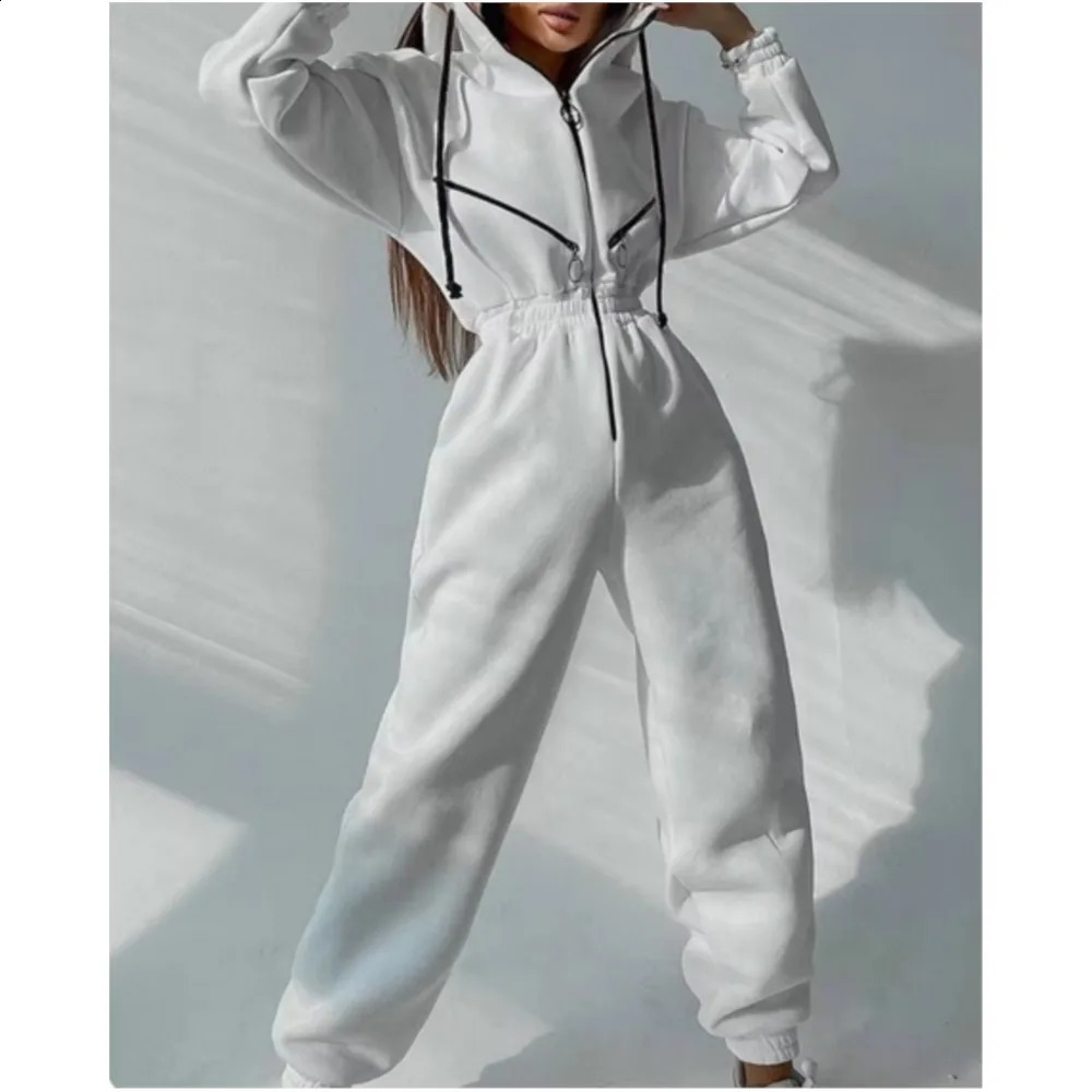 Autumn Womens Monochrome Long-Sleeved Jumpsuit Solid Color Zip-up Sportswear Female Winter Casual Tracksuit Fashionable Hoodies 250122