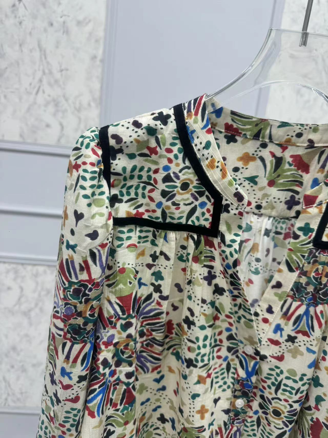 Vintage ral Print Women Single Breasted Blouse Puff Sleeve 100% Cotton V-Neck Ladies Autumn New Shirt Tops