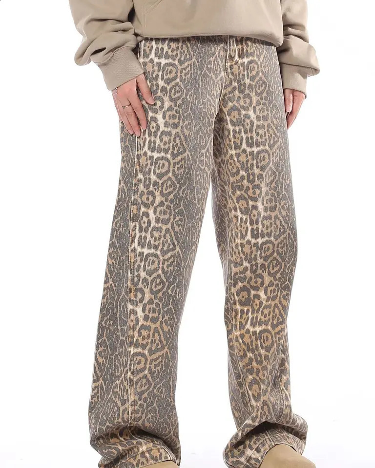 Vintage Leopard Print Jeans Men Spring Autumn Oversize Casual Hip Pop Wide Leg Trouser Trend High Waist Panther Denim Pants y2k 250120
