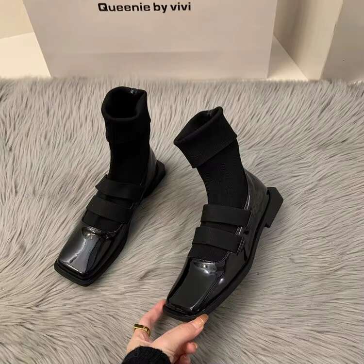 British style square knitted socks 2023 new high quality slimming loafers women's ankle boots single shoes