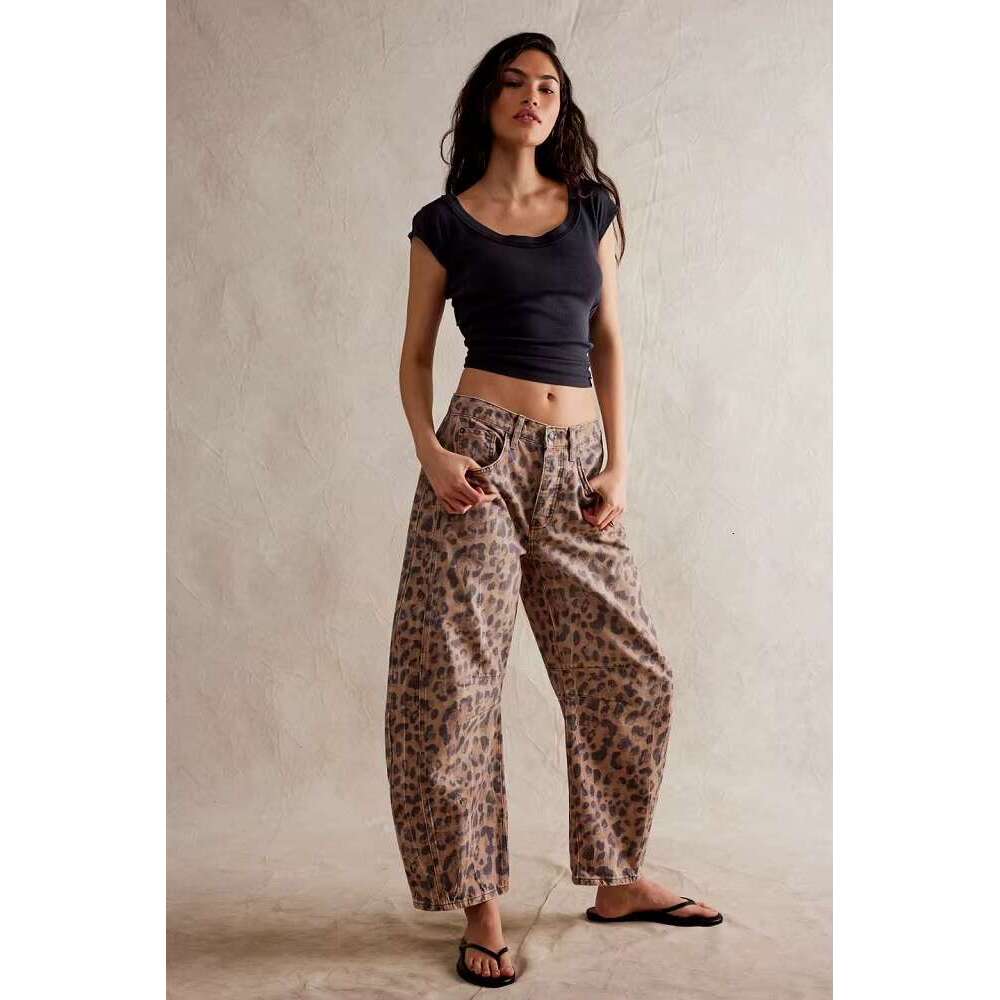Free Shipping American Style Denim Splice Design Straight Pants People Boho Loose Mid Waist Trousers Cropped Jeans