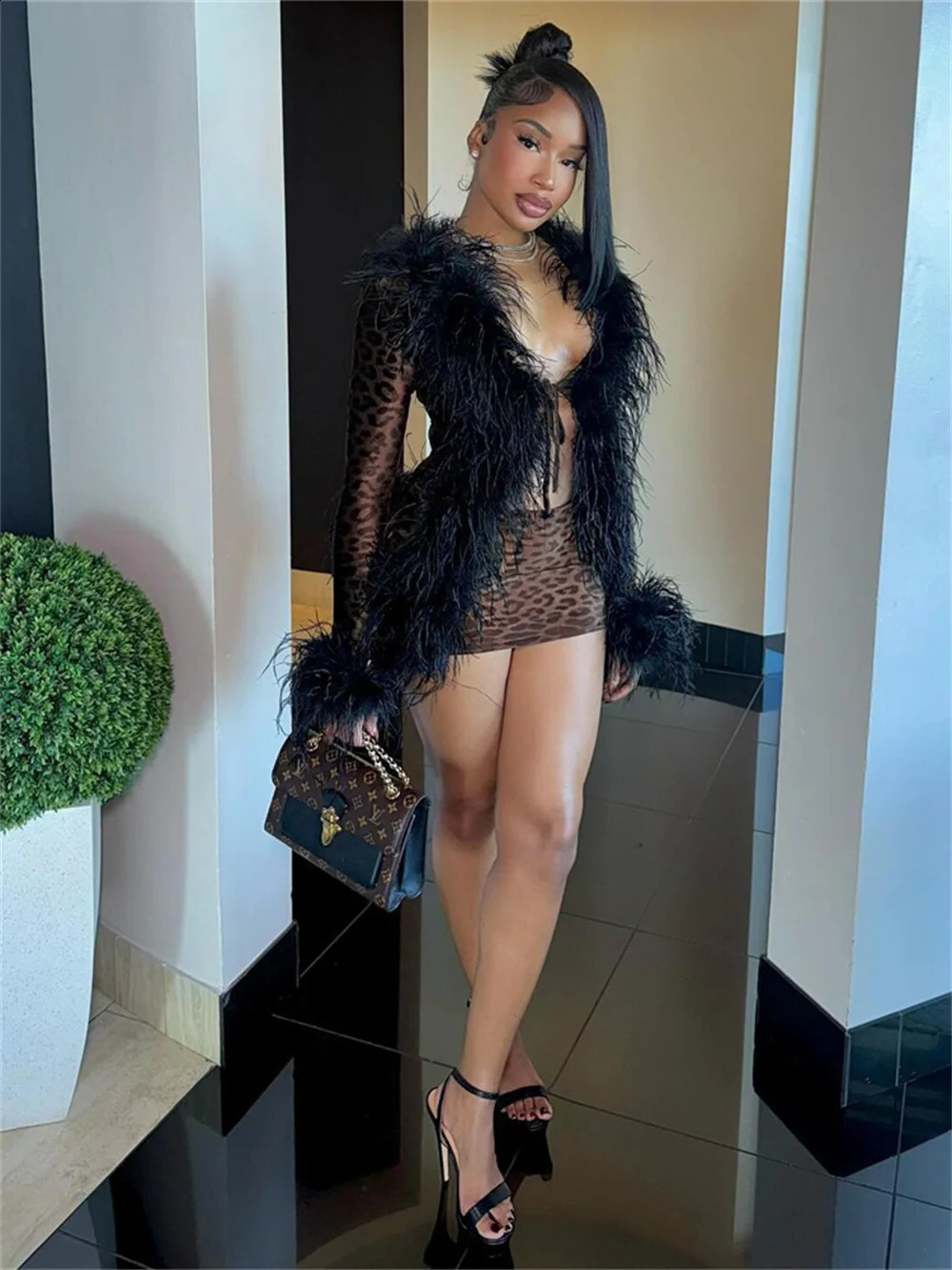 Weird Puss Leopard Print 2 Piece Set Sexy Women Y2k Furry Neck Cardigan TopsMini Skirts Midnight Club Vacation Matching Suits 250120