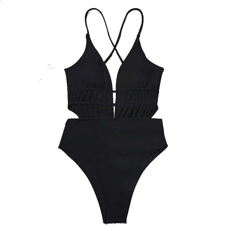 Fashion Solid Deep V Neck One Piece Swimsuit Women Hollow Out Pleate Swimwear Beach Bathing Suit Monokini Bandage 250122