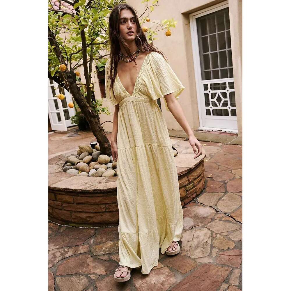 Hot Sale Oversized Maxi Deep V Collar Casual Solid Color Cotton Long Dress Free Style Beach Sundress Backless Vestidos