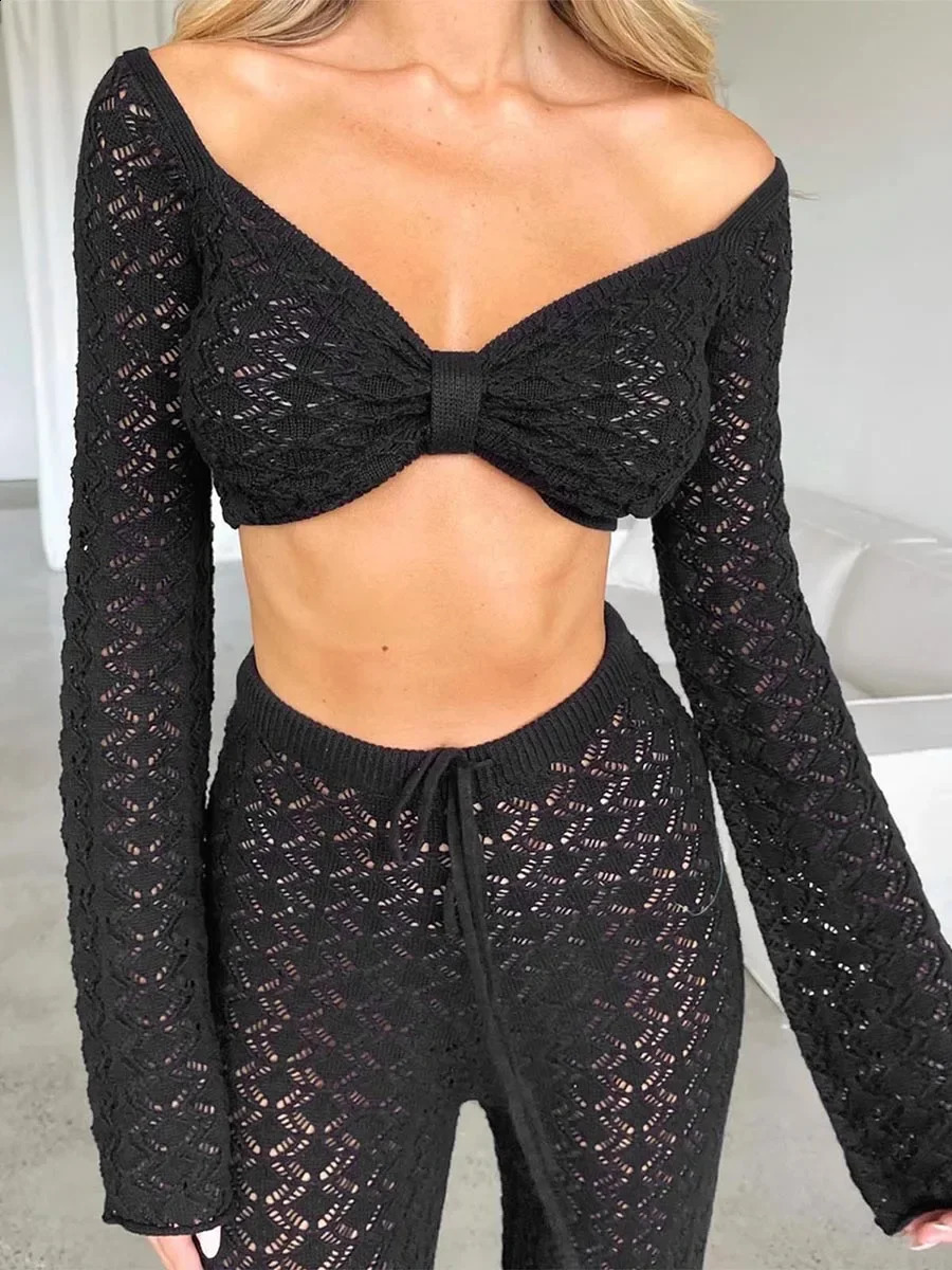 Hollow Out Crochet Knit Pants Sets Women Casual Two-Piece Outfit See Through Long Sleeve Crop TopsHigh Waist Long Pants 250122