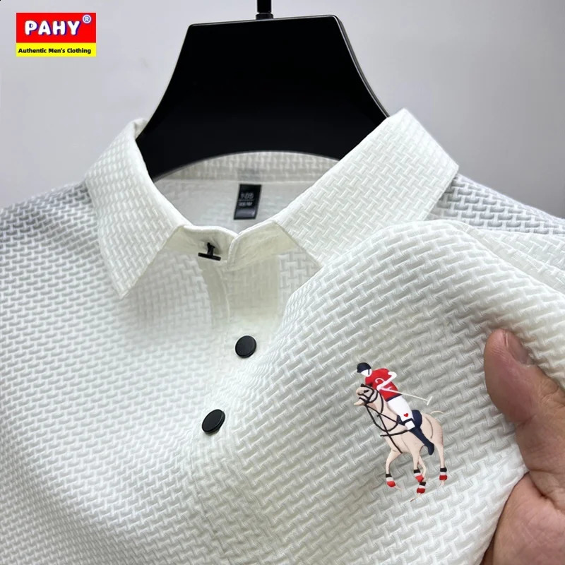 Mens short sleeved polo shirt ice silk jacquard casual business fashion stand up collar summer style 250118