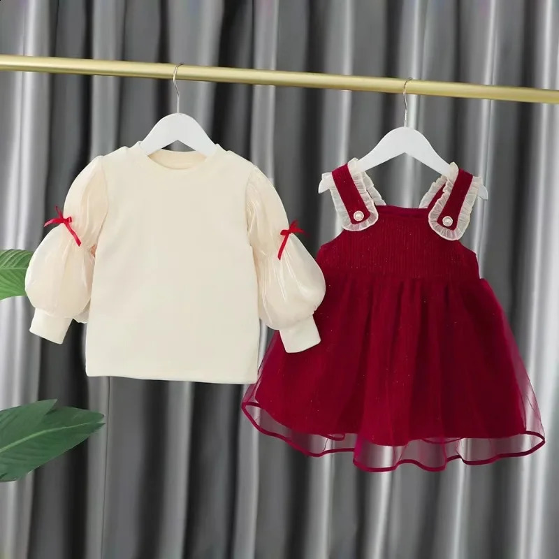 Dress for Baby Gilrs Basic Simple Fashion Bubble Sleeve Cute Bow Suspenders Skirt Two Sets To Send Diagonal Bag 250117