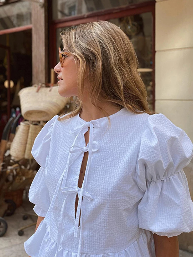 Solid Bow Lace Up Shirt Elegant Oneck Short Puff Sleeves Blouse Female 2025 Spring Summer Chic Ruffle Lady Streetwear 250122