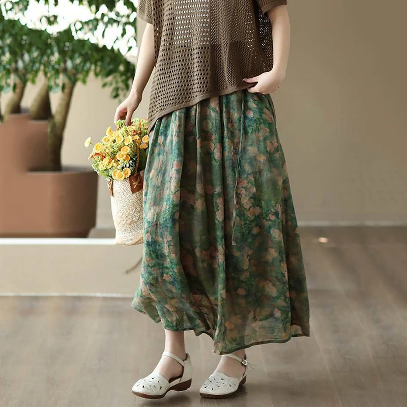 Vintage Printed Long Skirt Cotton Linen Floral Elasticated Waist Tie Skirts Summer Flowing Literary Artistic Forest Women 250110