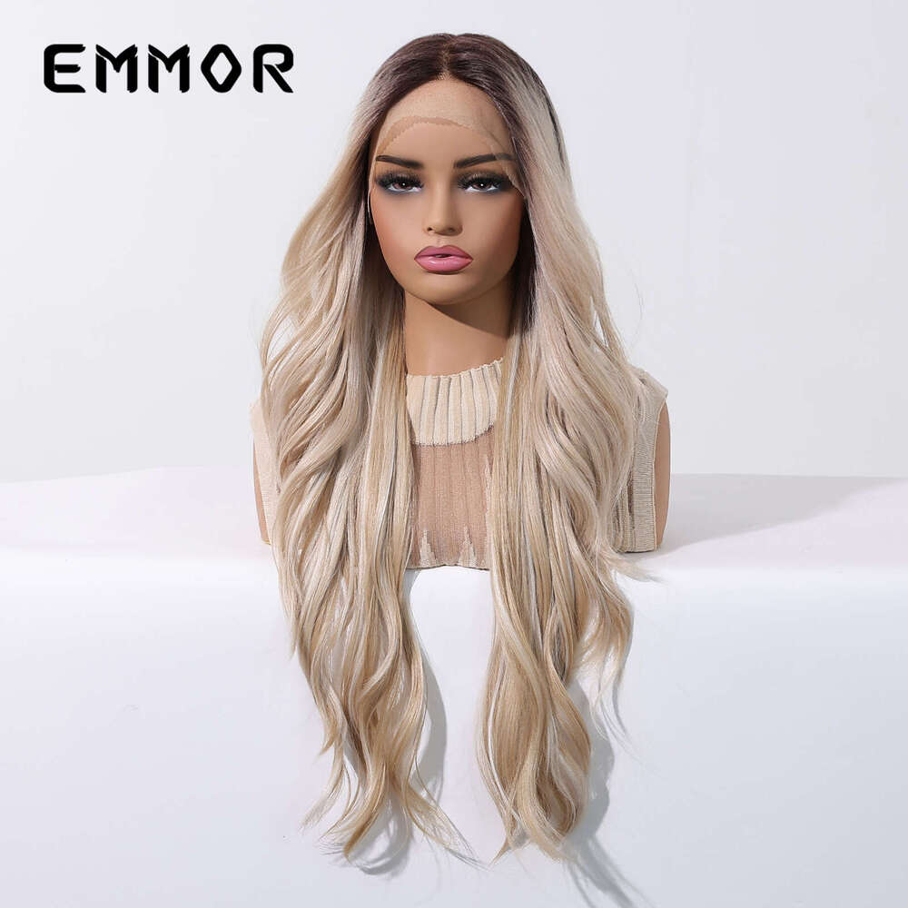 Lace Front Wig Cover T Shape Wig Female Area Front Lace Mid Split Gold Pickled Large Wave Long Curled Hair Fashion Full Head Cover