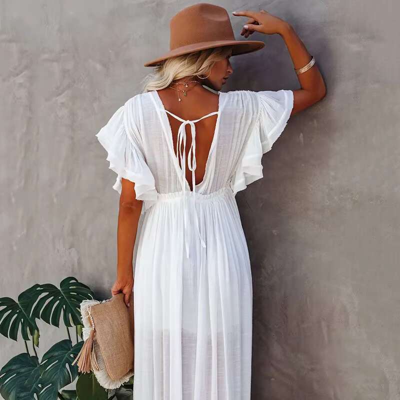 Women's Beach Button Down Sunscreen Bikini Swimwears Vacation Bamboo Maxi Sundress Oversized Bathing Suit Cover Ups