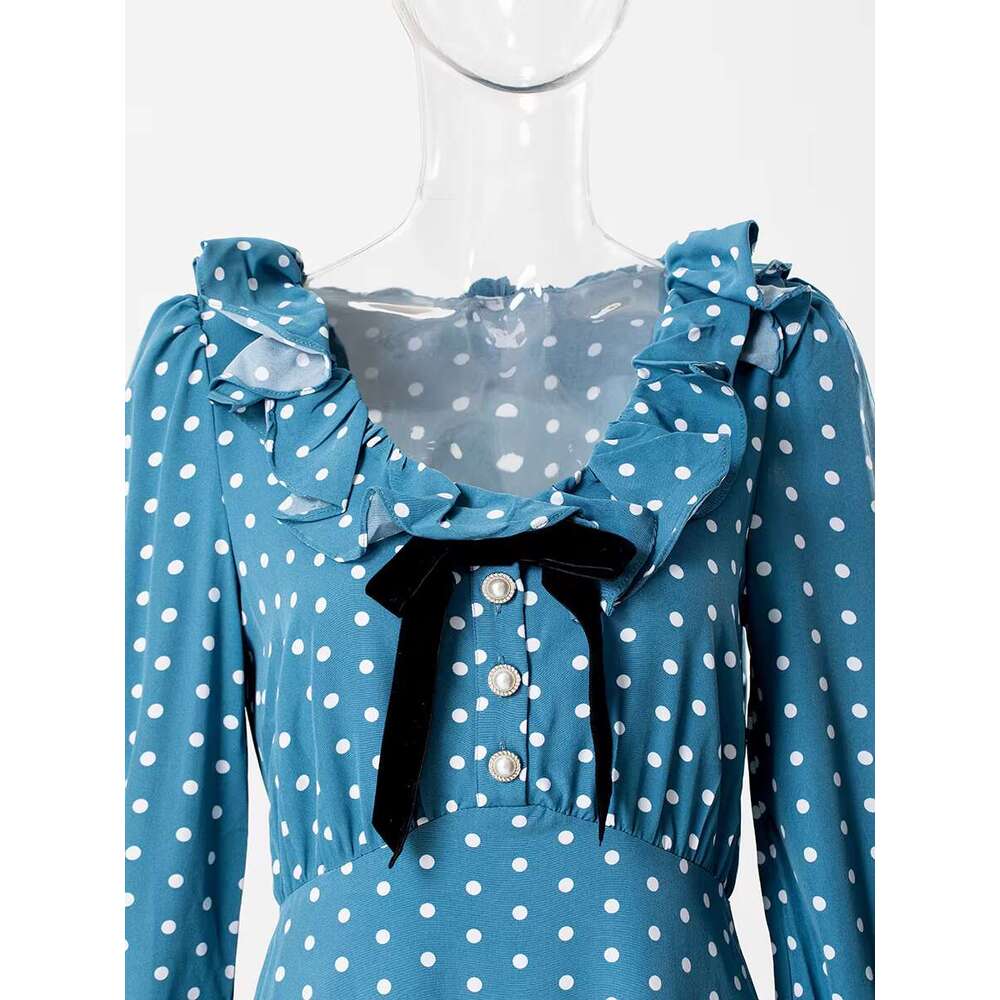 Polk Dot Print Midi New Sleeve U Collar Slim Elegant Bow Decor Ruffle Dresses Casual Fashion Long Dress