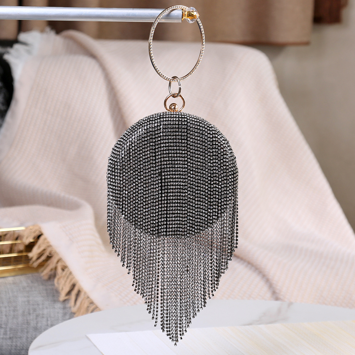 new style New Flat Spherical Tassel Rhinestone Dinner Handbag Women's Dress Chain Bag Xiyin Same Style