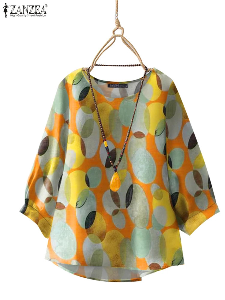 ZANZEA Vintage Polka Dot Blouse Fashion Summer 34 Sleeve Tops 2025 Irregular Hem Round Neck Shirt Chic Holiday Colorful TOP 250122
