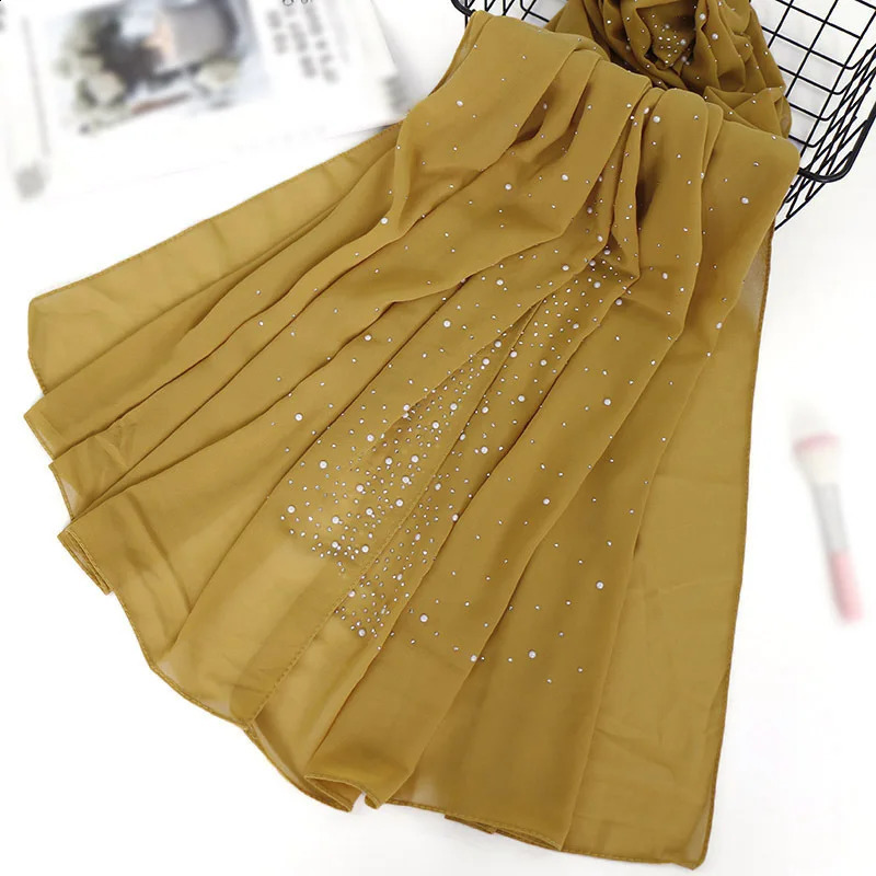 Women Muslim Plain Bubble Pearl Chiffon Scarf Hijab Diamond Rhinestone Shawls Headband Foulard Femme hijabs Scarves 250121