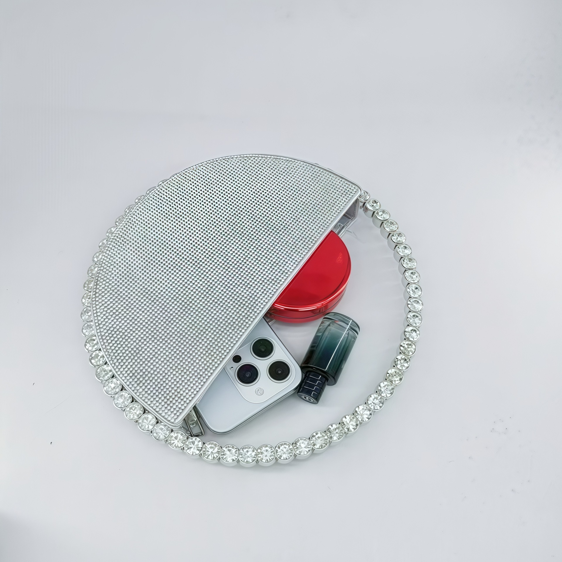 new style New Fashionable Water Diamond Set Round Women's French Niche Satin Handheld Banquet Bag