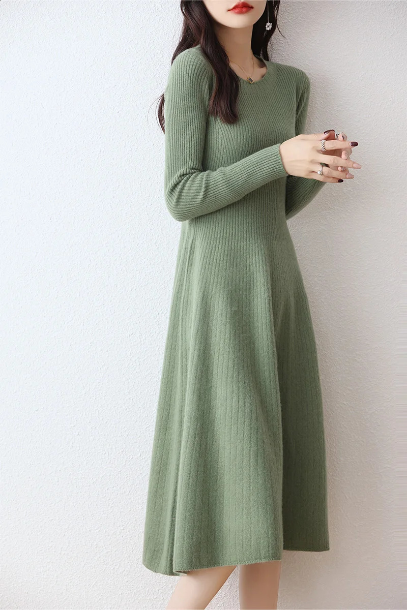Womens Merino Wool Long Sweater Dress Round Neck Striped Thick Monochromatic 100% Merino Autumn Winter Official 250122