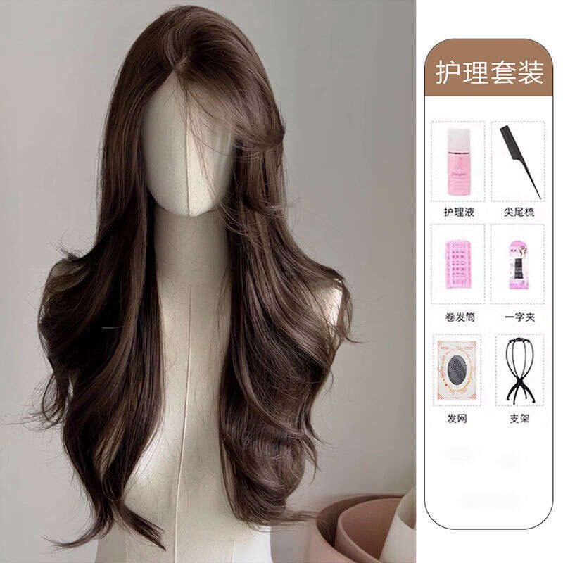 Lace Front Wig Cover T Shape Front Lace Wig Women S Cold Brown Summer Headband Eight E Bangs Large Wave Temperament Curly Hair Full Set Whole Wig