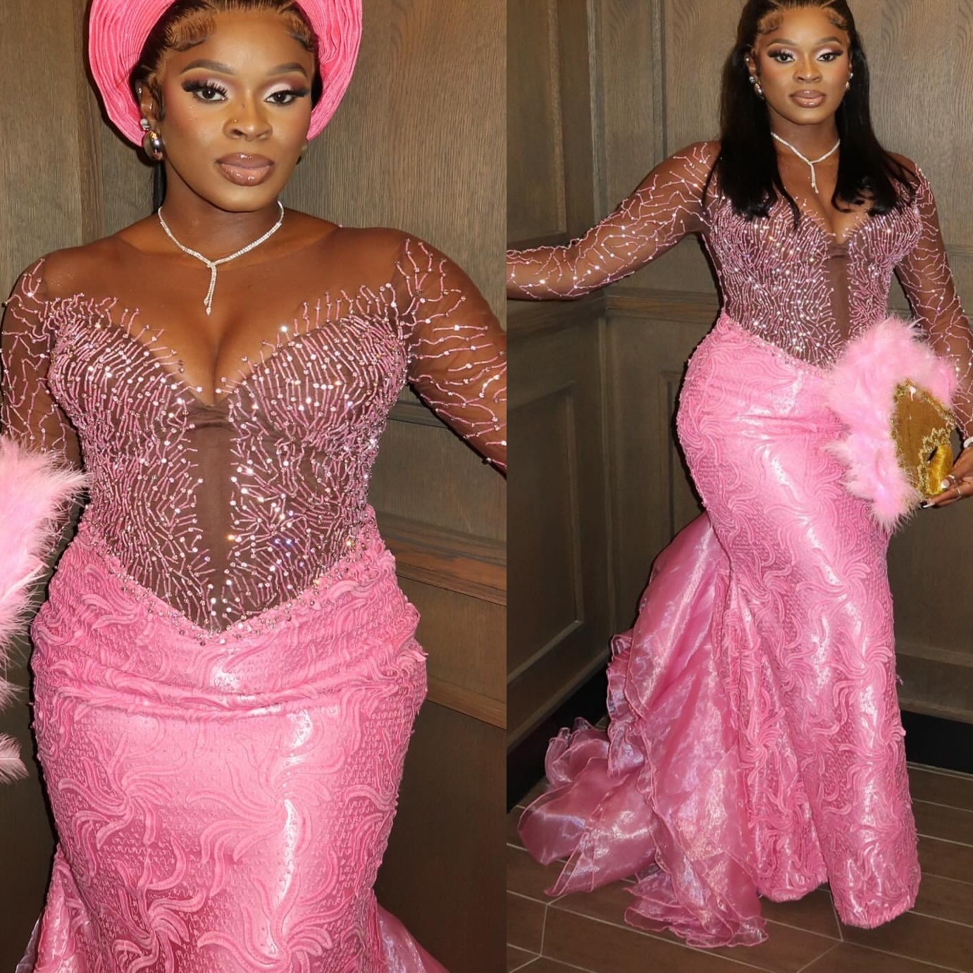 Aso Ebi Pink Illusion Mermaid Prom Dresses 2025 Lace Crystals Beaded Evening Formal Party Second Birthday Engagement Gowns Plus Size Dress For Special