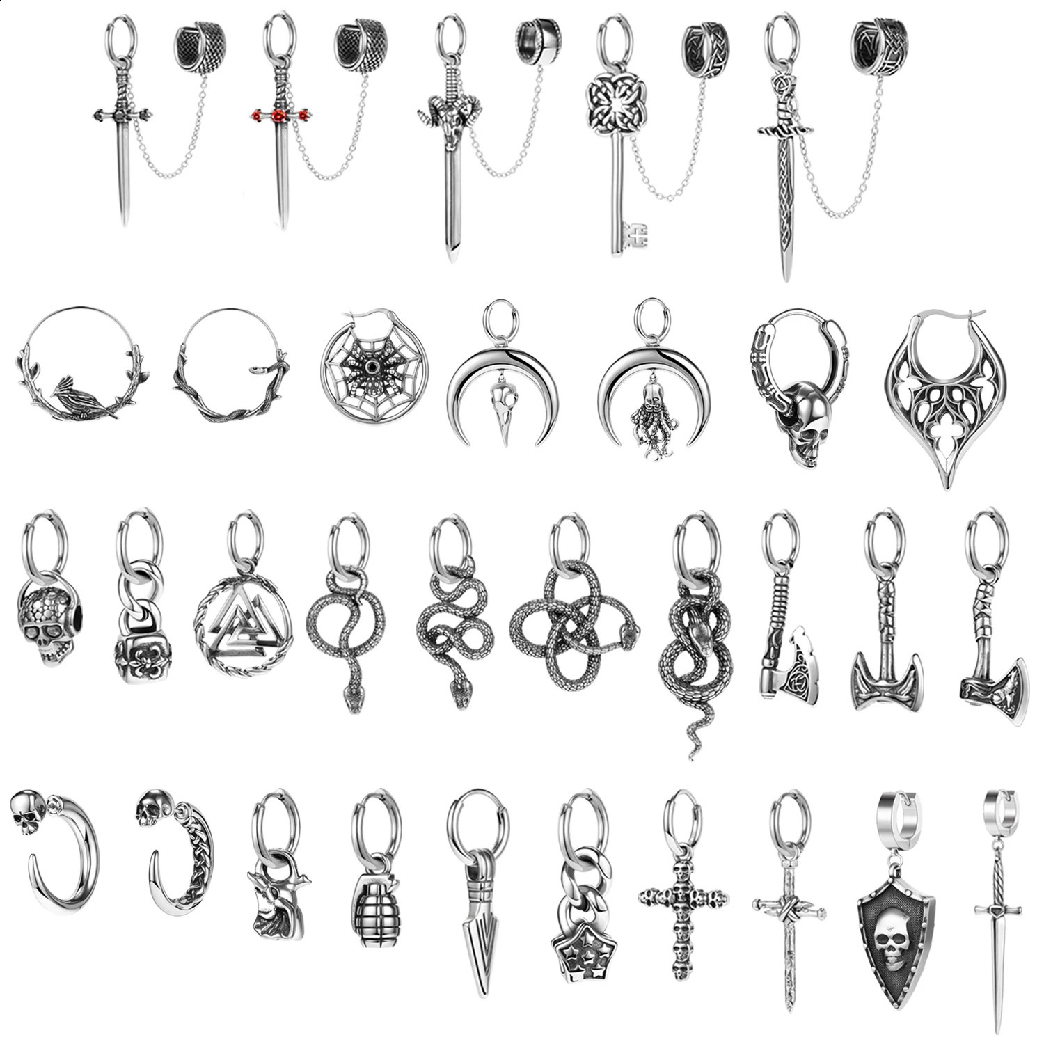 ZS 1Pair Punk Rock Dangle Earrings Stainless Steel Hoop Rings Pendant Earrings for Men Skull Snake Cross Shape Ear Piercing 250120