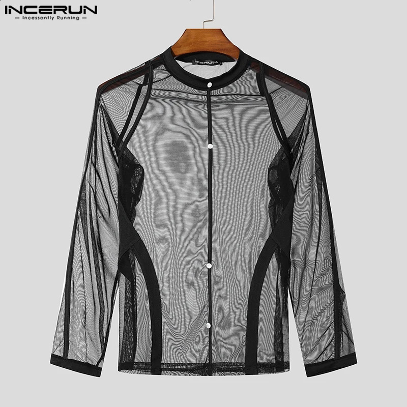 INCERUN Mens Well-Fitting Sleeved Tops Casual Round Neck Mesh Patchwork T-shirts Sexy Handsmen Buttons Fashion Camiseta 250117