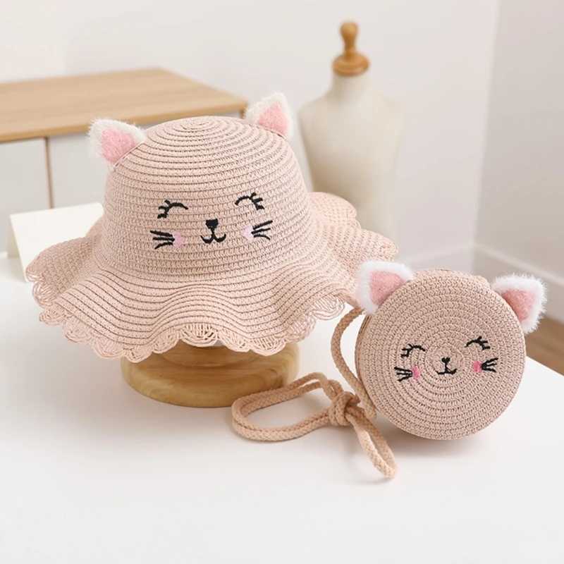 Childrens Summer Straw Hat Girls Cute Smile Wavy Cats Ears Steamed Cat-ear Shaped Bread Straw Hat Matching Bag M250121