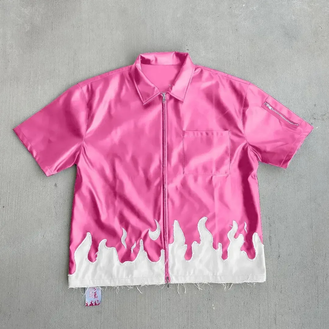 Y2K American Street Hip Hop Washed Zipper Spliced Polo Shirt Men Summer Contrast Lapel Loose Fashion Short Sleeve Cardigan 250121