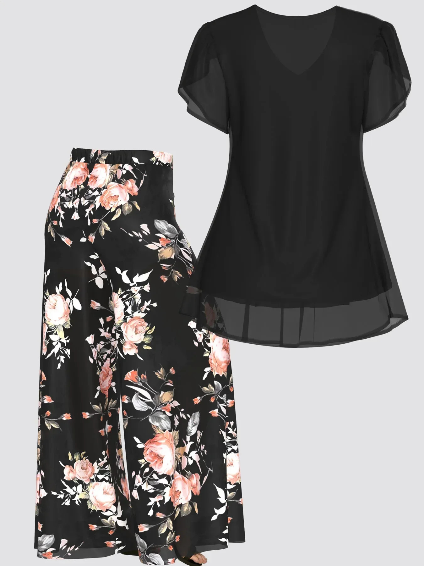 Plus Size Floral Retro Womens Matching Set VNeck Top and Printed Pants Chiffon Two Piece Pant Outfit Summer 250122
