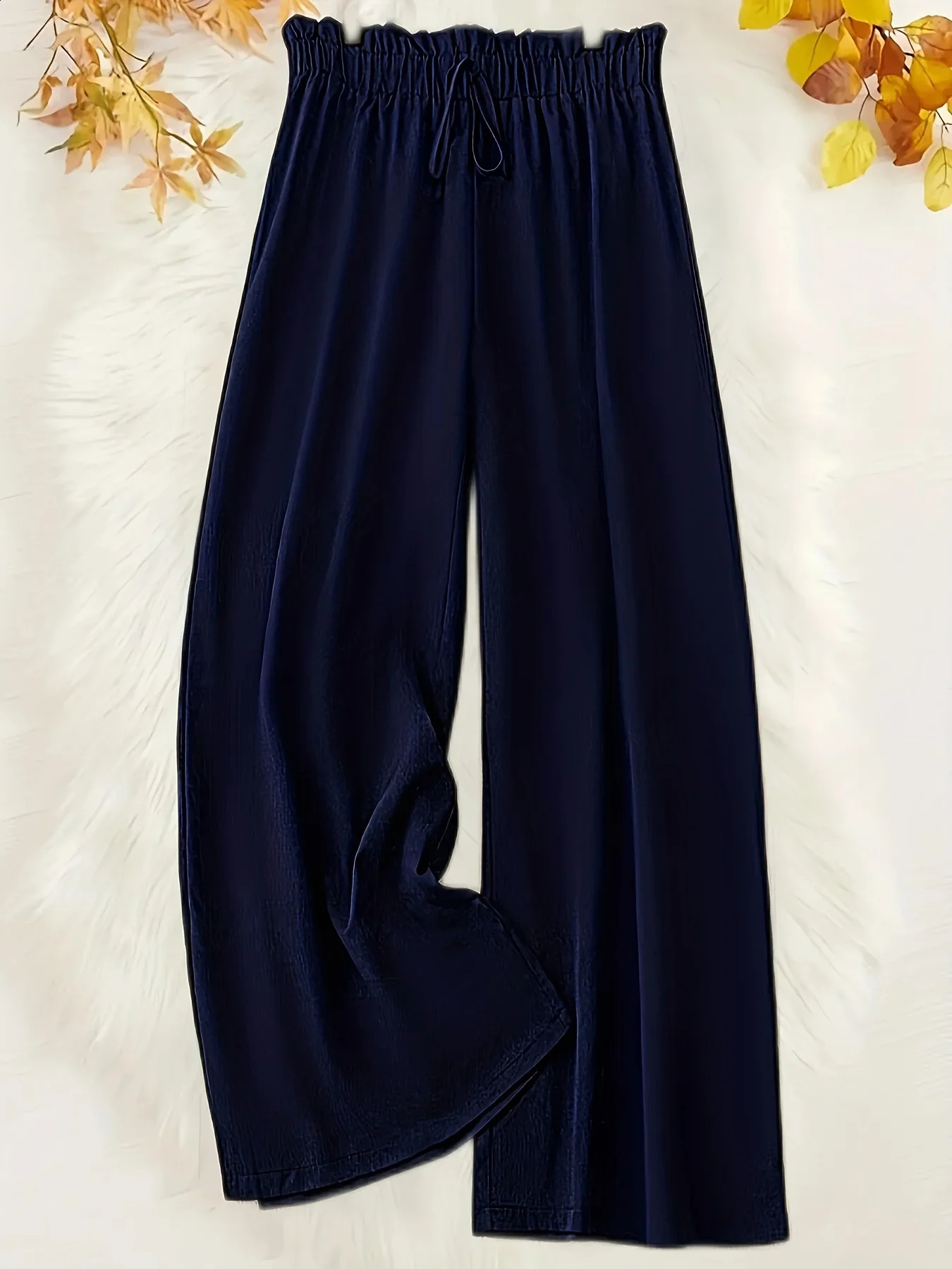 Womens Plus Size Versatile Commuting Pants Wide Leg Casual Loose Solid Color Drawstring Waist 250120