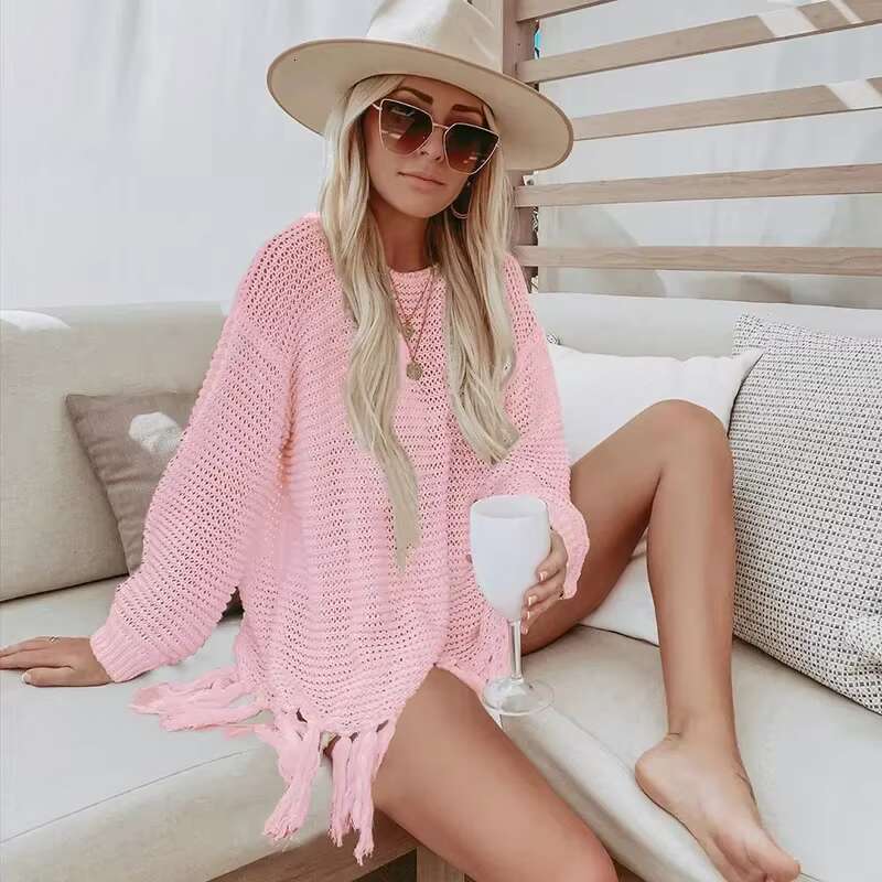 New Beach Cover Ups Hollow Out Knitted Tassel Swimwears Bikini Hook Swimsuit Sunscreen Solid Color Crochet Mujer Beachwear