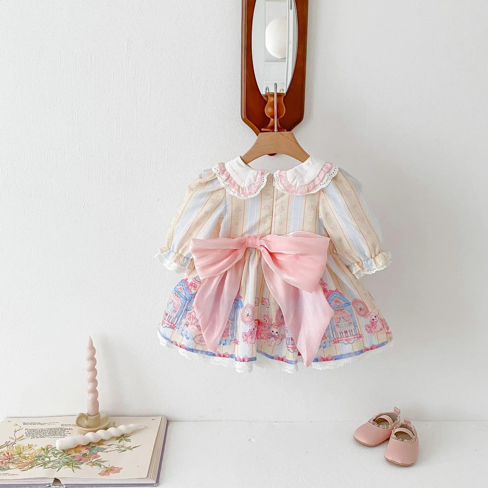 Girls Princess Lolita Dress Spring Autumn 06 Year Old Long Sleeve Baby Castle Knotbow Printed Kids 250117